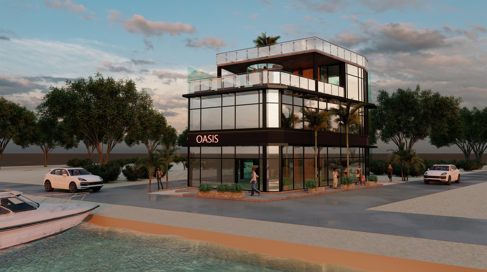 Concept render of the Oasis Commercial Hub seen from the waterfront promenade at dusk