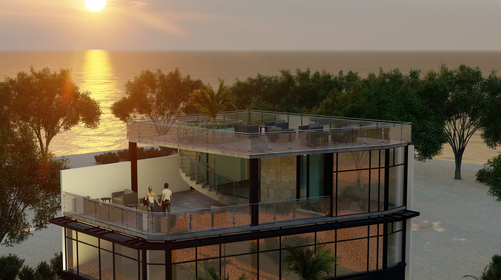 Concept render of the Oasis Commercial Hub rooftop terrace at sunset