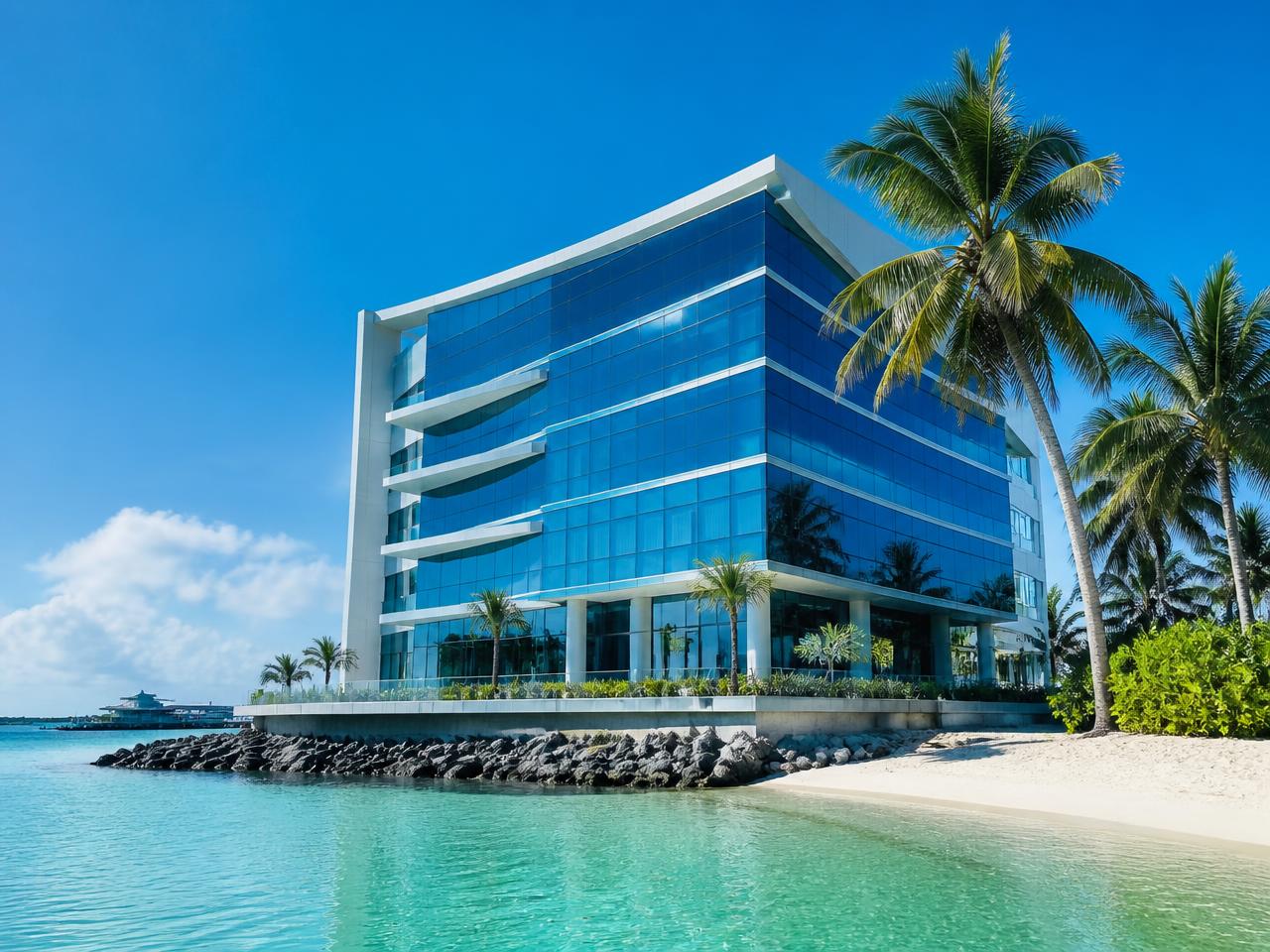 Modern office building beside a Maldivian lagoon